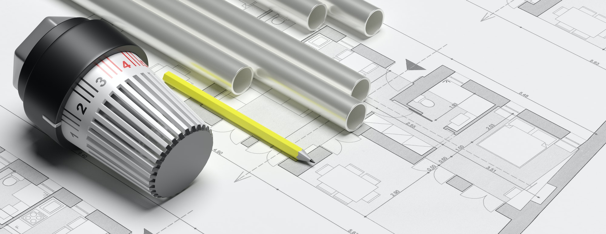 Radiator thermostat, building heating installation. 3d illustration